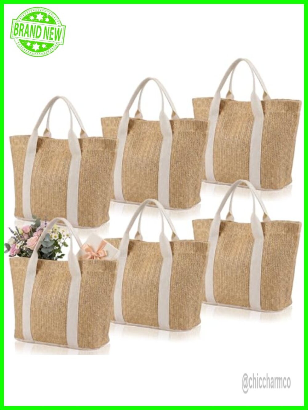 Handwoven Cotton Linen Straw Tote Bag Set Beach Wedding Bridesmaid